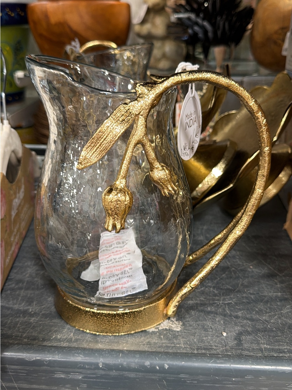 Gold-Accent Glass Pitcher with Floral Handle